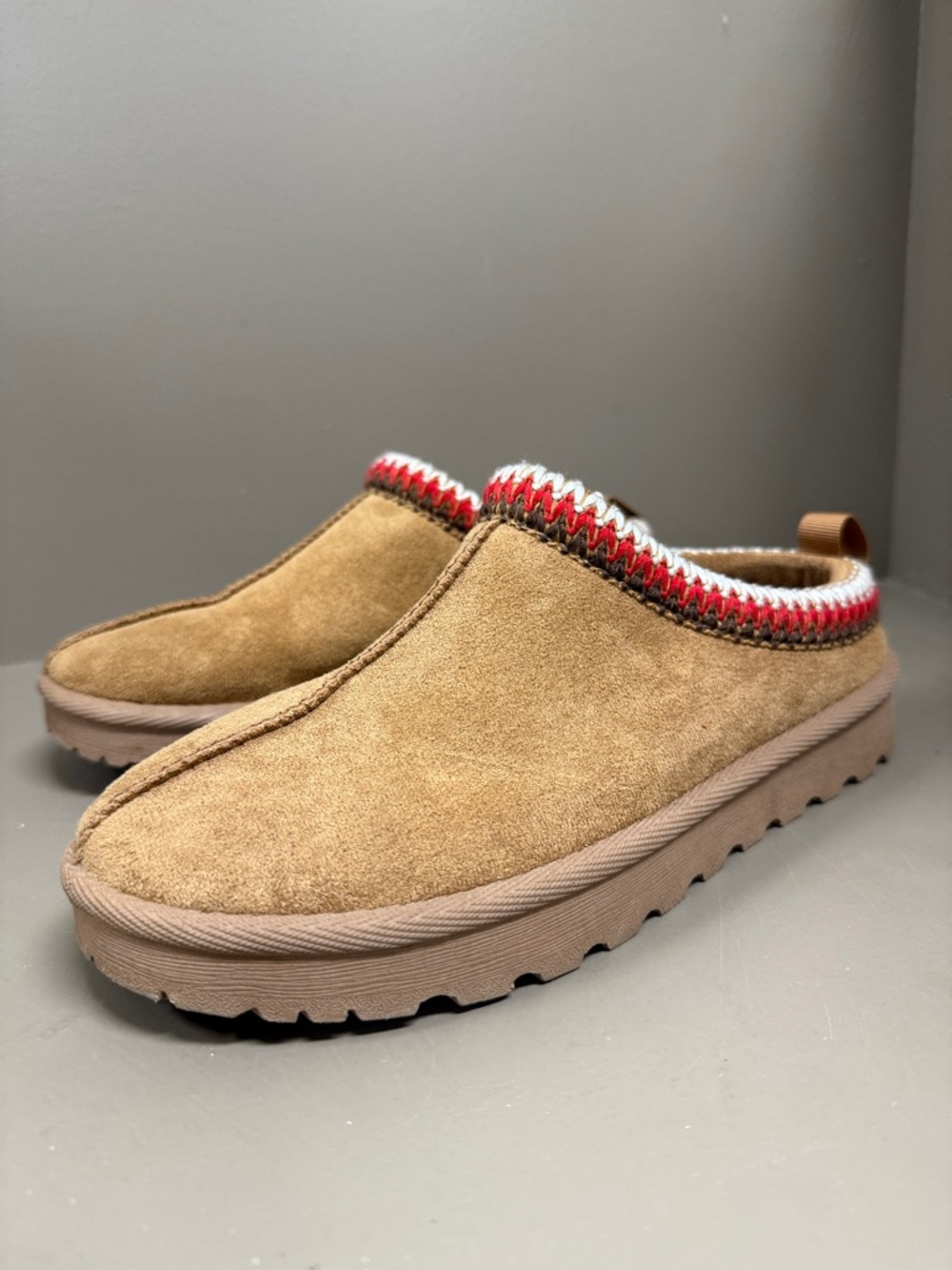 Mattise Beach ‘Zen’ Tan Suede Slip-On Mules with Red & White Embroidered Trim